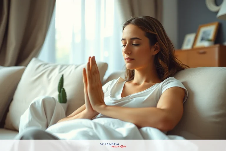 How Soon Can I Run After Rhinoplasty A woman is comfortably sitting on a couch, holding her hands together in a meditative gesture while gazing to the side. She's wearing a white shirt and is surrounded by domestic furniture such as chairs and a potted plant.