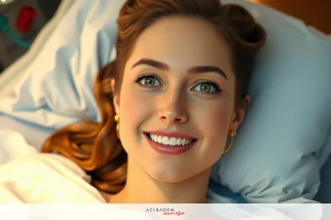 This image features a young woman lying in a hospital bed with medical equipment visible. She has a bright smile on her face, suggesting a positive attitude despite the hospital setting.