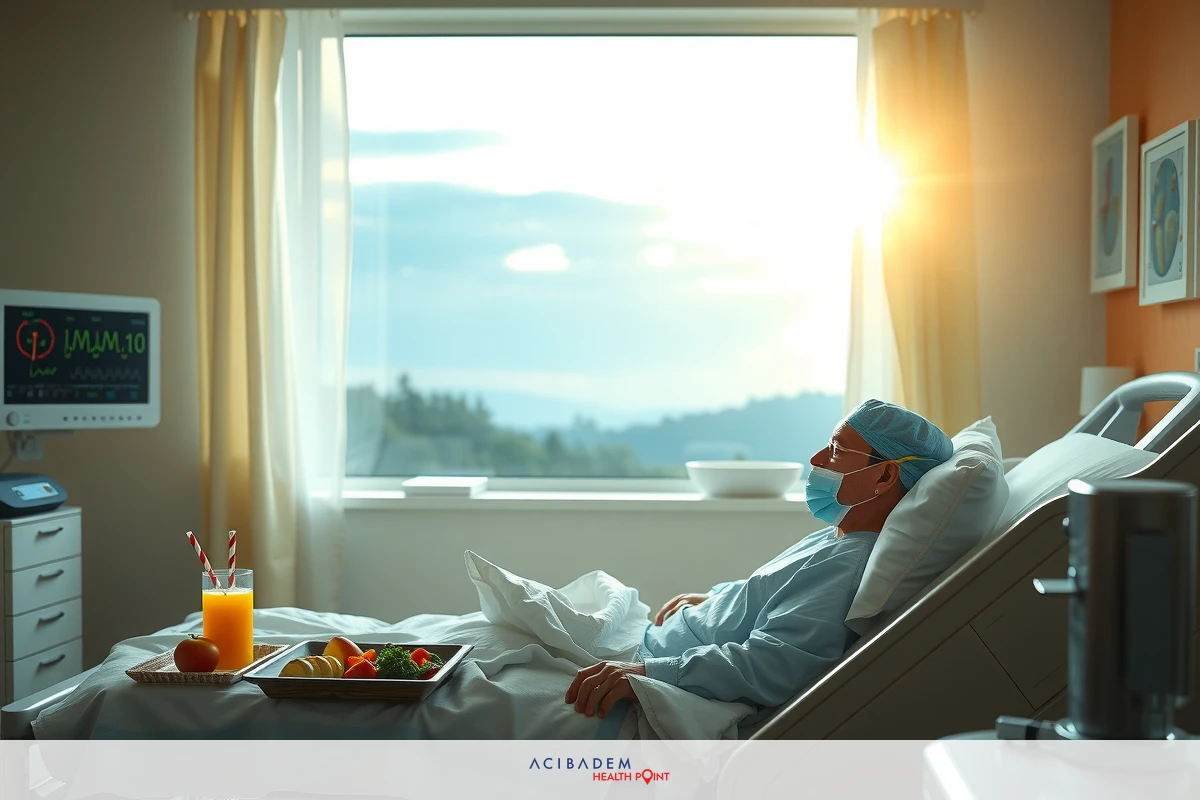 The image shows a hospital room scene. A patient is lying in bed, wearing medical scrubs and a surgical mask over his mouth. On the tray beside him, there appears to be breakfast items such as fruit and juice. The room has natural light coming through the window, suggesting it might be daytime. The environment is sterile and clinical with hospital equipment visible in the background.