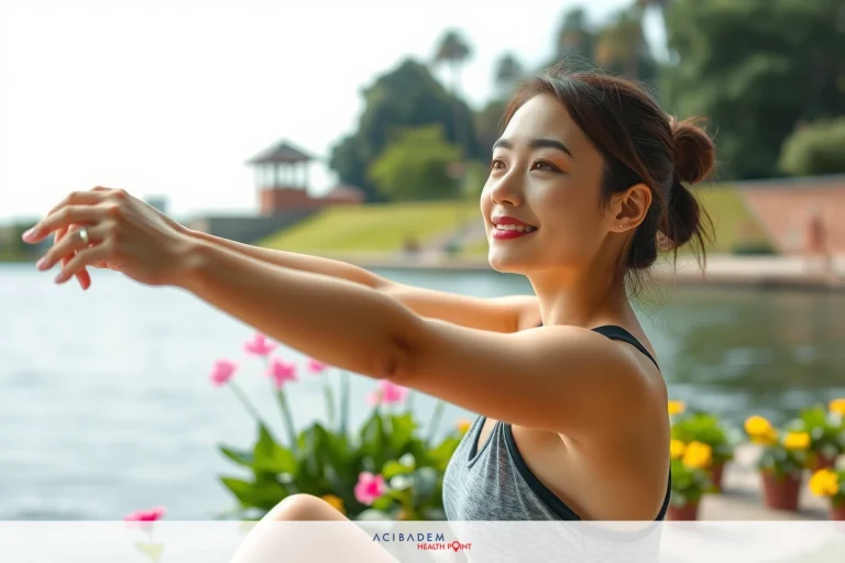 Smiling woman in a grey tank top is seated on a bench by water, stretching with her arms outstretched. She has pink flowers near her and a serene environment around her.