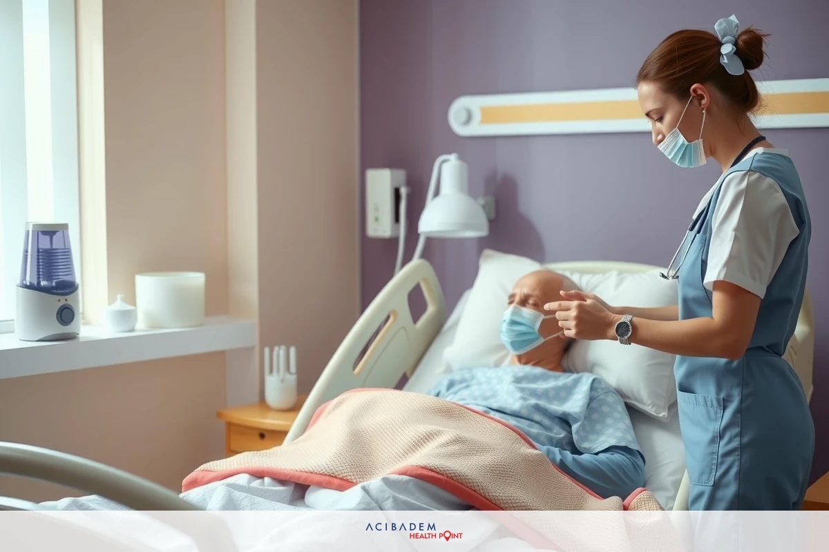 In a hospital room, a nurse wearing medical scrubs is attentively tending to a patient lying on a bed. The nurse is focused on the task at hand, and the room is well-equipped with medical equipment such as a ventilator and an infusion pump.
