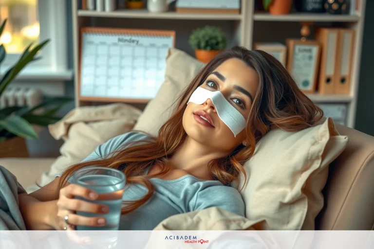 A woman lounging on a couch with her face covered in a mask. She is resting, wearing a grey shirt, holding a cup of water.