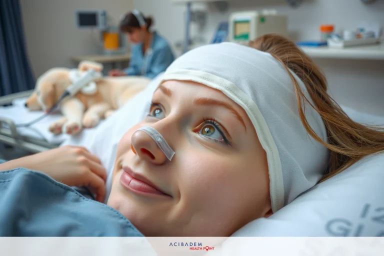 The image shows a woman in a hospital bed with medical equipment. She is smiling and appears to be comfortable. The environment suggests a clinical setting.