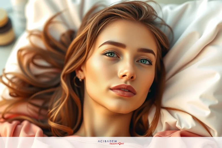 Can You Still Pinch Your Nose After Rhinoplasty? A woman with closed eyes and full lips, set against a light backdrop. Her hair falls across the bedding. The image has warm tones and features soft lighting.