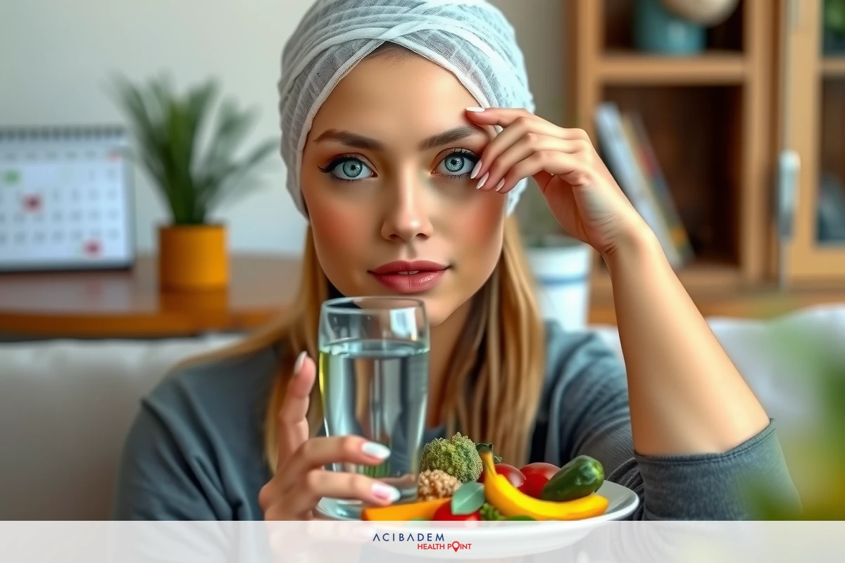 The image shows a woman sitting indoors, looking thoughtful. She has blonde hair and blue eyes. In her hand, she holds a glass of water and appears to be eating a plate with mixed vegetables. The setting looks like a casual, homey environment with a plant in the background.