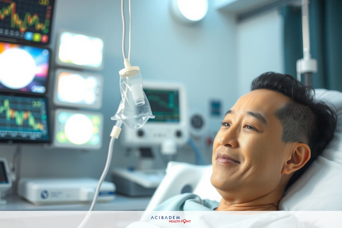 The image shows a man in a hospital setting. He is lying on a bed, hooked up to medical equipment. The environment suggests a modern healthcare facility with bright lighting and multiple television screens mounted on the wall.