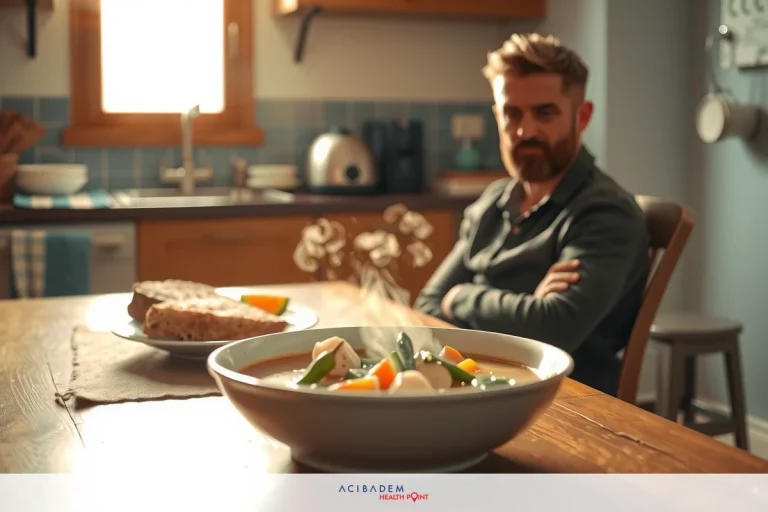 A man sitting at a kitchen table with a bowl of soup in front of him. He is looking off to the side, perhaps deep in thought or waiting for someone.