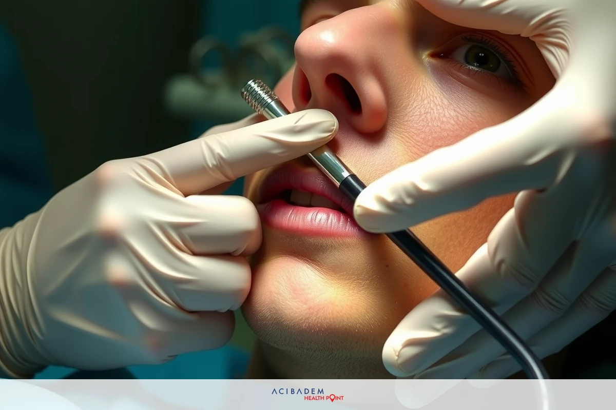 The image shows a close-up of an plastic surgeon performing rhinoplasty on a patient. The surgeon is wearing gloves and scrubs, using instruments to perform the procedure.