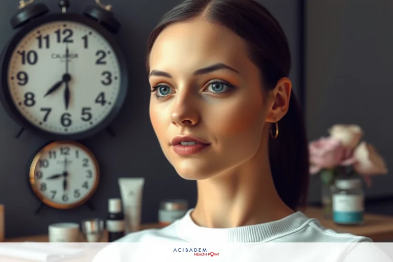 The image depicts a young woman with blue eyes, seated in front of a desk. On the desk, there are clocks and various bottles which could be for cosmetics or grooming products.