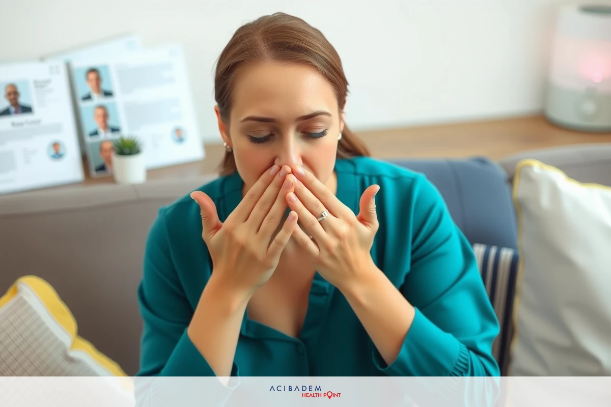 A woman in a blue blouse is sitting on a couch, her hand covering her mouth as if she's sneezing. She appears to be indoors, and there are some books nearby.