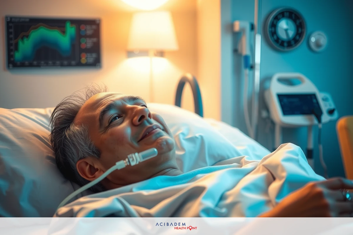 Man lying in hospital bed with medical equipment. He is smiling and appears to be receiving an IV drip.