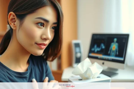 Can Rhinoplasty Help Sinusitis? A woman wearing a black top is seen in front of a computer screen. She appears to be focused on her work, possibly analyzing medical images or data presented on the screen.