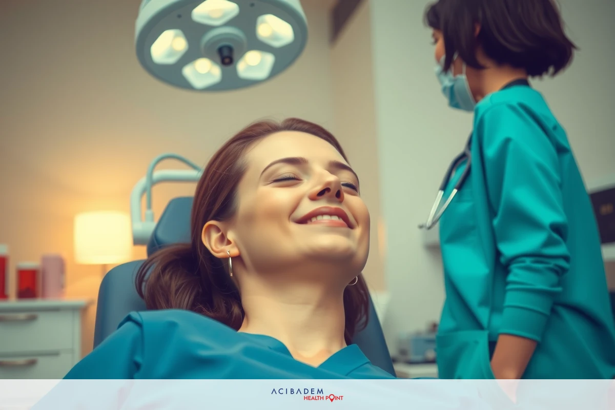The image shows a medical office setting. A woman is seated in the medical chair with her mouth open, smiling at the camera.