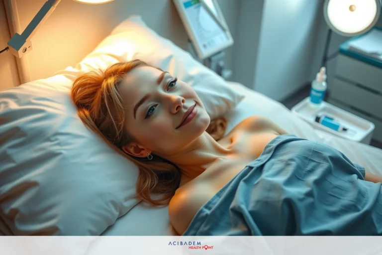 The image shows a woman lying in a hospital bed, appearing relaxed and comfortable. She is smiling slightly at the camera, suggesting a positive and hopeful atmosphere within the medical setting.