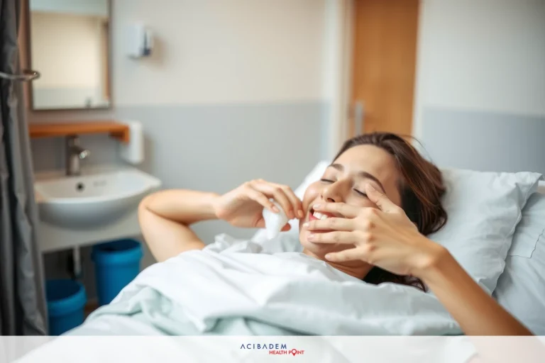 The image shows a smiling woman lying in a hospital bed. The setting is a clinical environment with medical equipment visible around her.