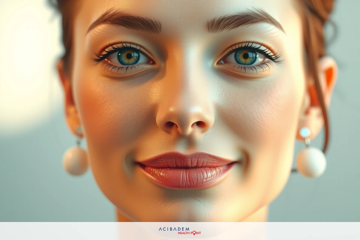 The image features a close-up of a woman with striking blue eyes. She is smiling and wearing pearl earrings, contributing to an elegant and sophisticated look.