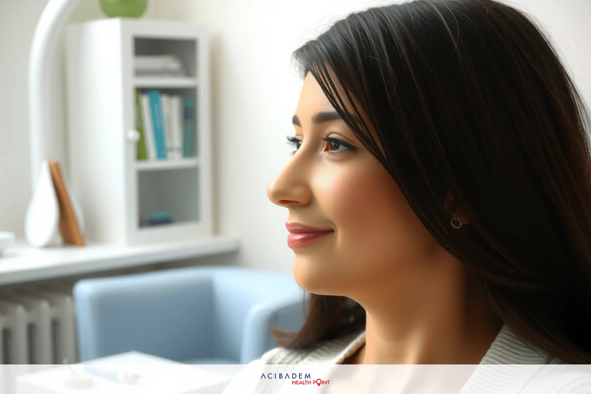 A woman sitting in a room with books and a plant, smiling. She's wearing a sweater and appears to be looking slightly to her left.