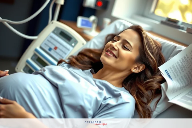 When Can I Get Pregnant After Rhinoplasty Smiling pregnant woman lying on hospital bed, healthcare setting, joyful and expectant expression.