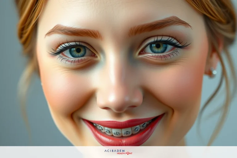 The image shows a young woman with rosy cheeks, smiling brightly and looking directly at the viewer. Her teeth are visible, indicating that she is wearing orthodontic braces.