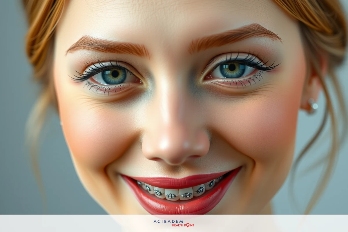 The image shows a young woman with rosy cheeks, smiling brightly and looking directly at the viewer. Her teeth are visible, indicating that she is wearing orthodontic braces.