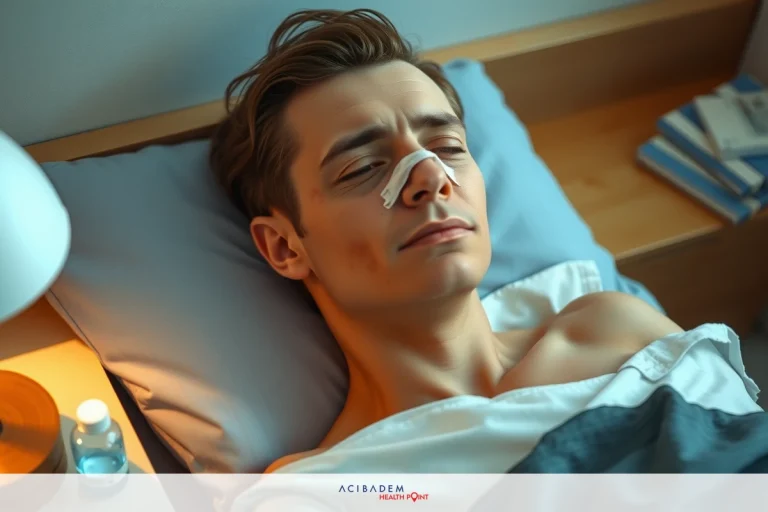 Man lying in bed with tape on nose, possibly due to an injury or medical procedure. The environment suggests a home setting with personal items like a lamp and bottle nearby.