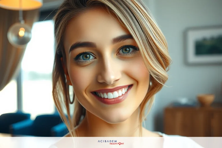 Smiling woman in a kitchen with a casual and warm atmosphere, featuring wooden furniture and natural lighting.