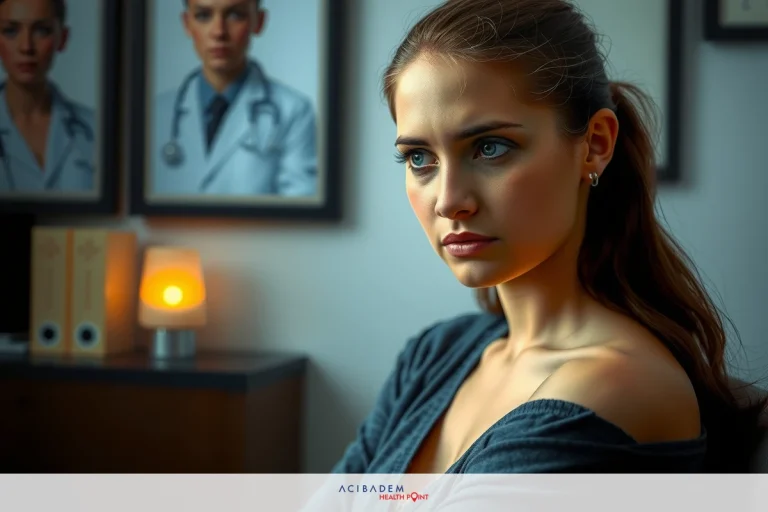The image features a woman seated in an office environment. She appears contemplative, with her gaze directed off to the side and a slight frown on her face. The setting includes framed pictures of doctors on the wall behind her, suggesting that this could be a doctor's office or a medical facility.