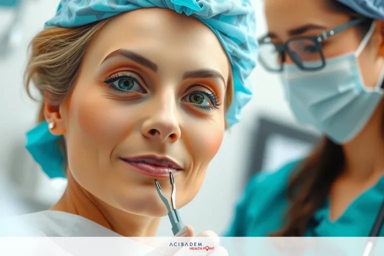 This is a photo of a medical surgery setting. A woman with blonde hair, wearing a white medical gown and a blue surgical mask, sits in the chair.