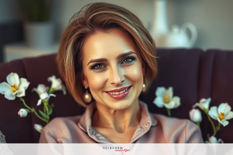 A woman with short hair and a beaming smile, sitting on a couch. She wears a light top.