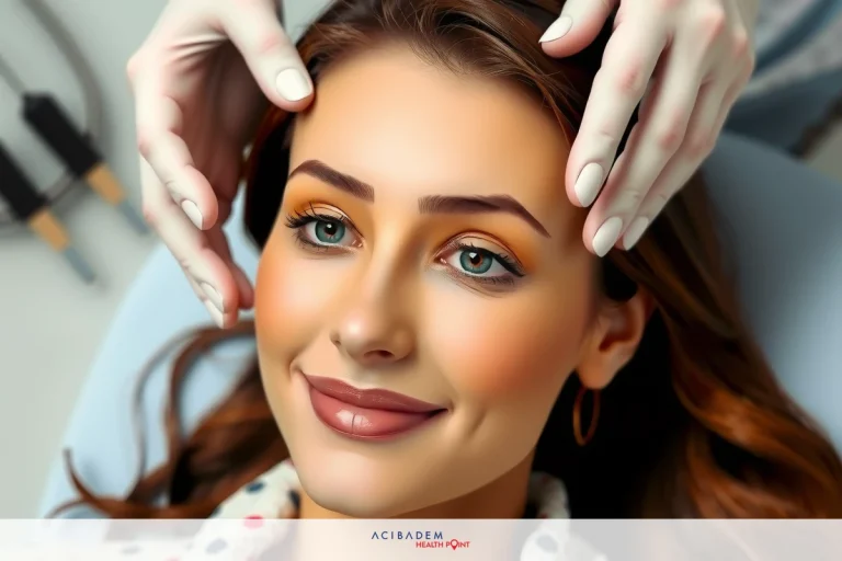 Is Non Surgical Rhinoplasty Painful? A young woman sitting in a medical chair with her head back, getting her nose checked by a plastic surgeon. The setting is professional and clean.