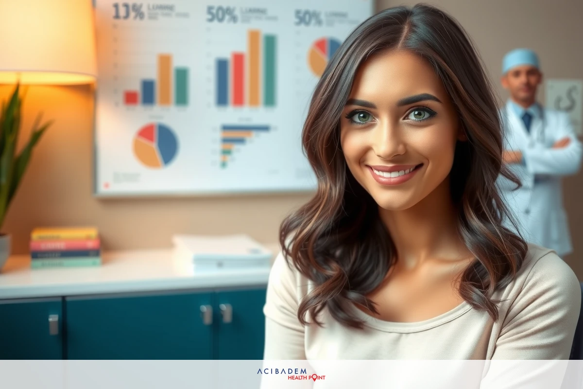 The image features a smiling woman in a medical office setting. She is seated. The environment suggests a clean and modern medical practice, possibly for primary care services. The presence of a plant and a framed certificate on the wall adds to the welcoming ambiance.