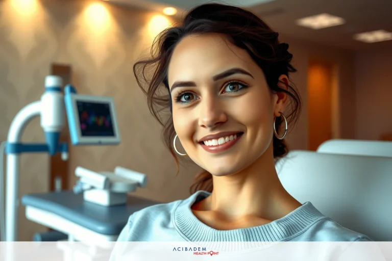 A woman sitting in a medical exam room with various medical equipment including an ultrasound machine. She is smiling and appears to be receiving care or undergoing routine check-up.