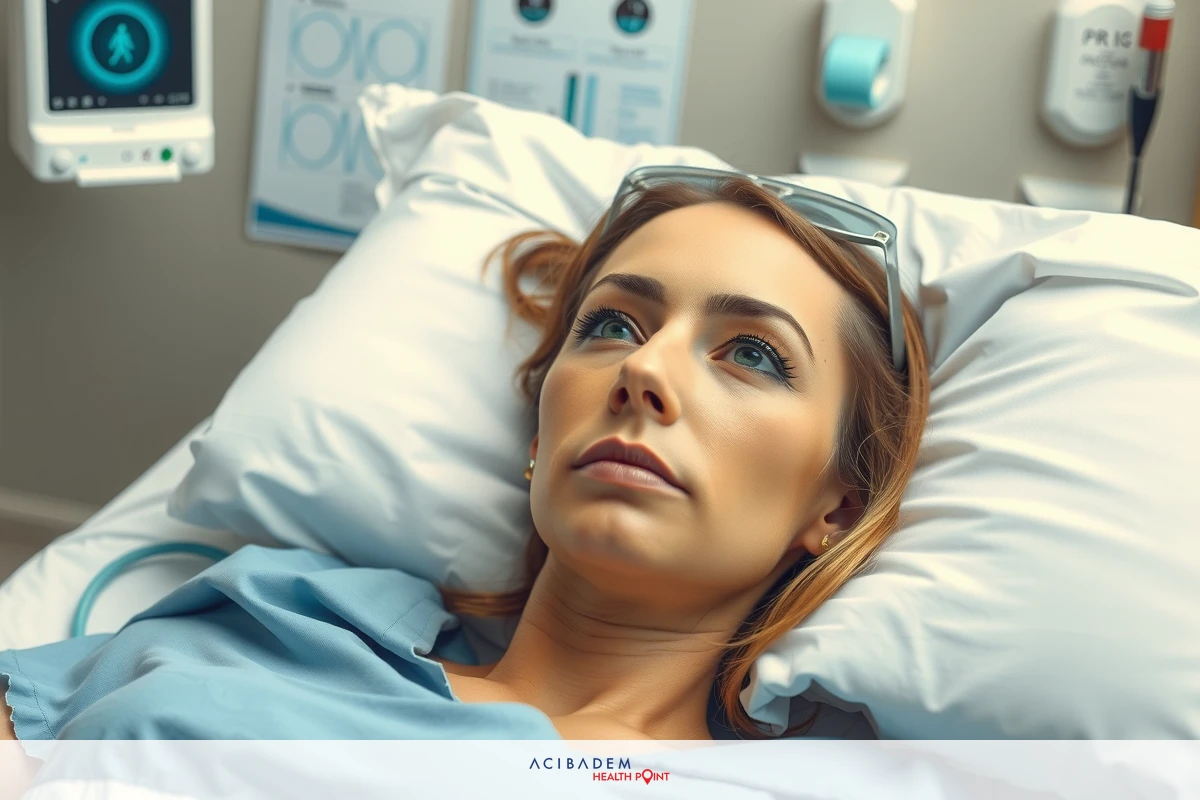 The image shows a woman lying in a hospital bed with medical equipment around her. She appears to be sedated or in recovery from a procedure, possibly surgery. Her facial expression is neutral and she is looking slightly away from the camera.