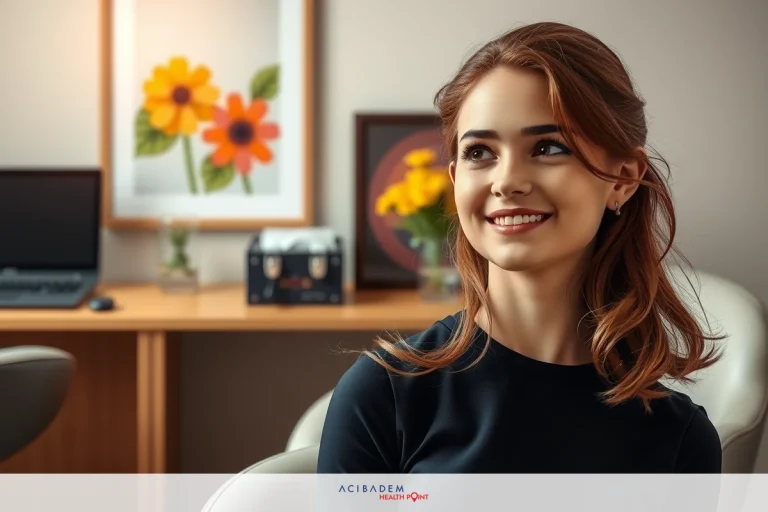 Can I Get a Rhinoplasty at 14? Young woman sitting at a desk with a warm smile, in an office environment that includes a computer monitor and decorative elements like flowers.