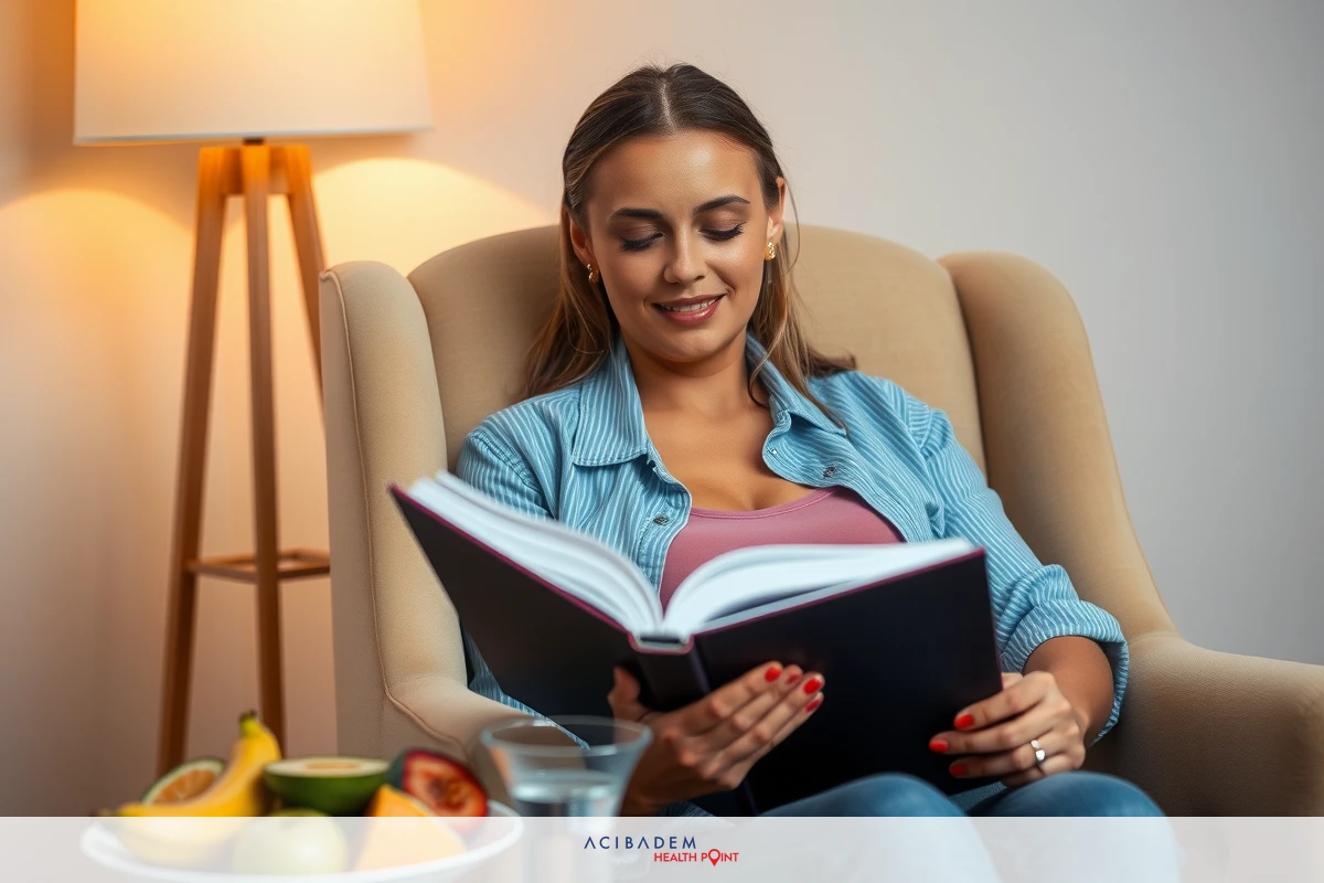 A woman is comfortably sitting in a cozy armchair, reading a book. She's holding the book with both hands and appears engrossed in her reading. There's a plate of fruit nearby which includes bananas and apples, and a glass of water on a side table. The environment suggests a quiet, relaxing atmosphere for reading.
