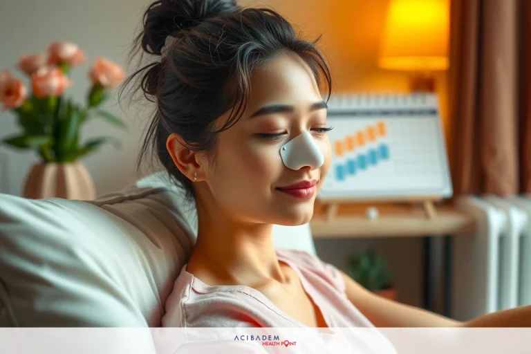 How Long After Rhinoplasty Can I Play Tennis A woman is relaxing on a couch, leaning back with her eyes closed. She appears to be enjoying a moment of rest or possibly even sleeping. The room has a cozy and inviting atmosphere, with soft lighting coming from lamps nearby. There are some decorative elements like flowers that add to the pleasant ambiance.