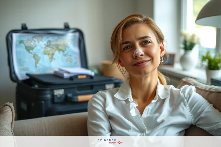Woman in business attire sitting on sofa. She has a relaxed smile and appears to be at home or in her office. Behind her, there's a suitcase with a map of the world on top, suggesting travel or global interest.