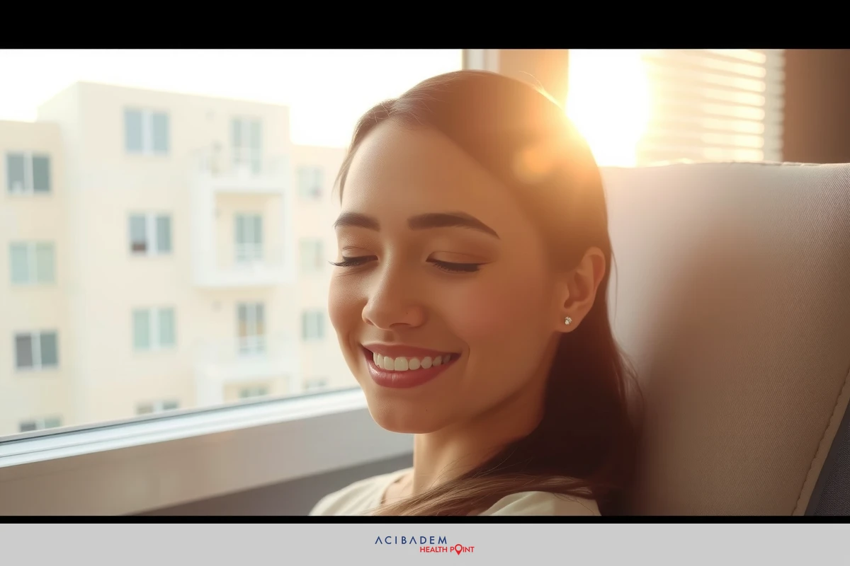 A young woman with closed eyes, smiling and appearing joyful. She has a light complexion, is wearing makeup, and her hair is pulled back neatly. The background suggests an urban environment during daylight hours.