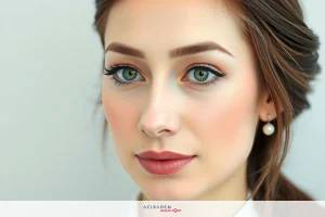 The image is a portrait of a young woman with fair skin. Her facial features include her straight nose, full lips and prominent cheekbones. She has long eyelashes and green eyes.