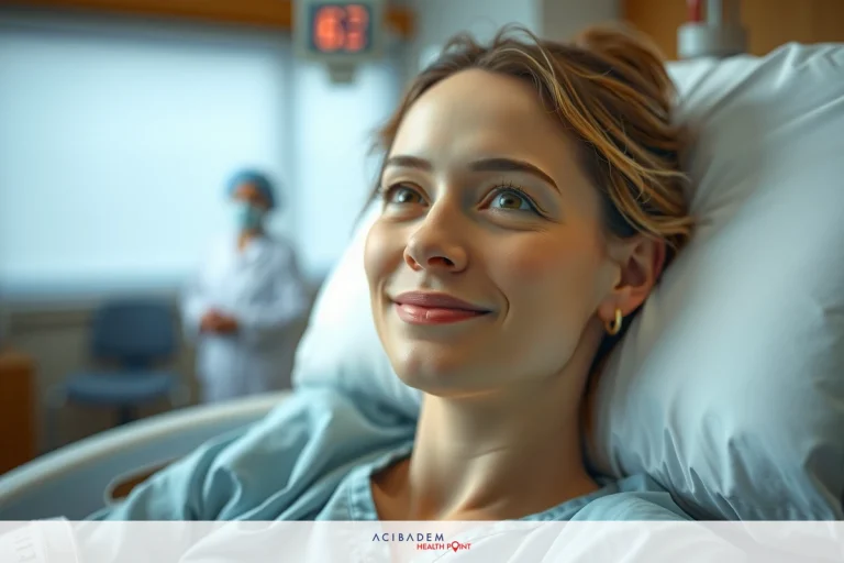 The image depicts a woman in a hospital setting, smiling and looking upwards. She is wearing a green gown, indicating she might be a patient. There's a medical professional standing nearby with protective gear on, suggesting an environment of healthcare and well-being.