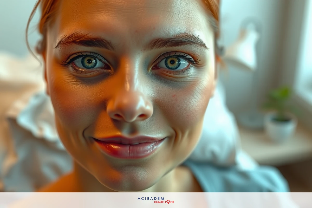 The image shows a close-up of a woman's face with an engaging smile. Her eyes have an intense sparkle, enhancing her expression.