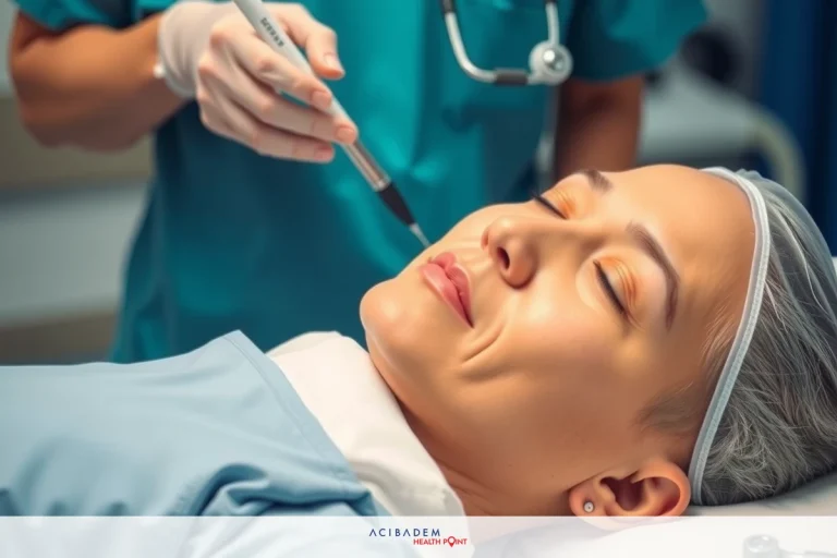 What Is a Rhinoplasty Procedure A woman is lying on a medical examination table with her eyes closed, wearing a head bandage and surgical cap.