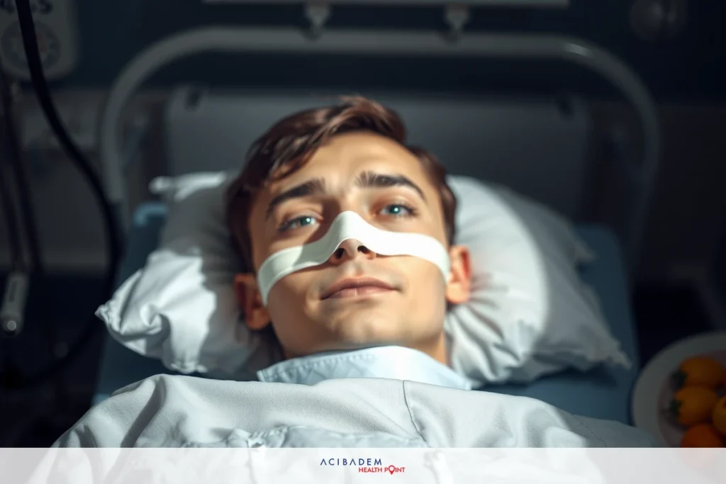 Why is the Tip of My Nose Hard After Rhinoplasty? The image depicts a young person lying in a hospital bed with medical equipment, including an tape over her nose. The individual appears to be sedated or resting.