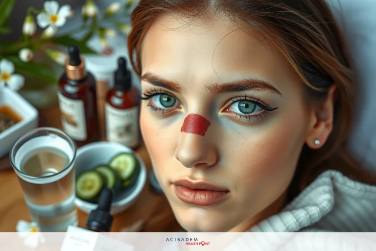 How to Get Rid of Dark Circles After Rhinoplasty Selfie of a woman applying makeup with various beauty products around her. She is lying down, looking directly at the camera with natural makeup on her face. The environment suggests a casual, relaxed atmosphere.