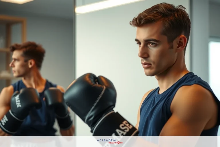 In the image, there is a young man wearing black boxing gloves in a room. He appears to be focused and ready for action, suggesting that he might be engaged in a boxing training session or preparing for a match. The environment looks like a gym, with a clean, well-lit space suitable for physical activity.