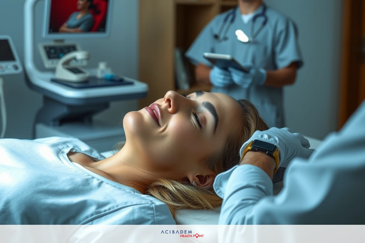 Medical professionals in a clean, sterile environment preparing a patient for surgery. A woman lying down with her head turned to the side and smiling as she receives pre-surgery care.