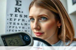 Woman wearing white coat looking at medical equipment. She is likely a doctor or nurse examining an eye chart with a digital device that measures vision. The environment suggests a professional, clinical setting.