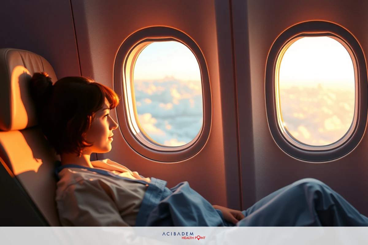 The image shows a person lying down in a seats inside an airplane. The setting appears to be the cabin of a commercial jet, indicated by the airplane seats and windows around them.