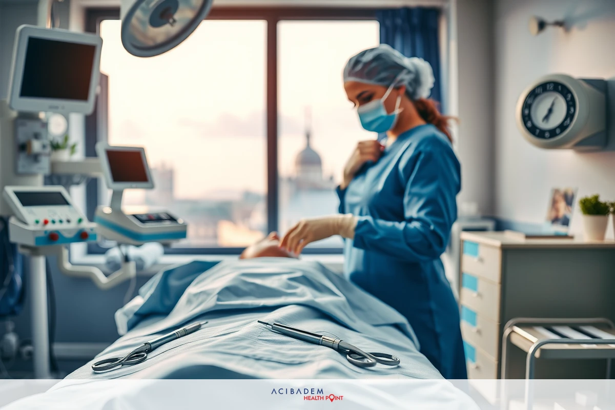 A medical professional, wearing a surgical mask and scrubs, is attending to a patient on an operating table in a well-lit hospital room with equipment around. The focus is on the interaction between the healthcare worker and their patient.