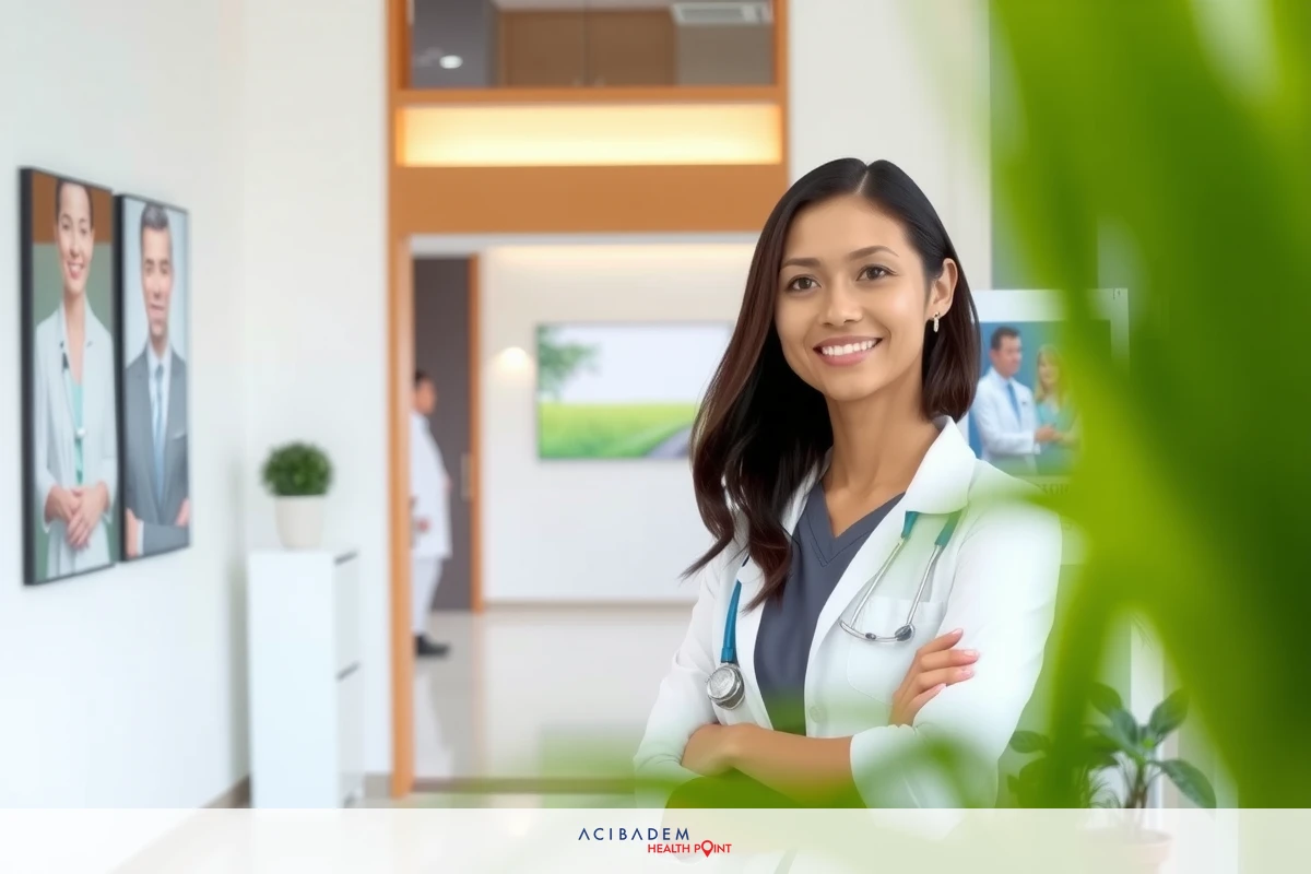 This image features a female physician standing in what appears to be an office environment. The woman is wearing professional attire, specifically a white coat, indicating her medical profession. She has short hair and is smiling towards the camera. In the background, there are framed photos on the wall, suggesting this could be a clinic or hospital setting. The overall mood of the image is welcoming and professional.